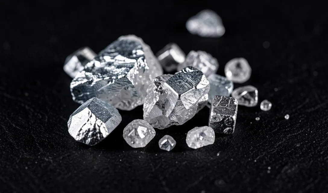 Raw mineral crystals on a dark surface