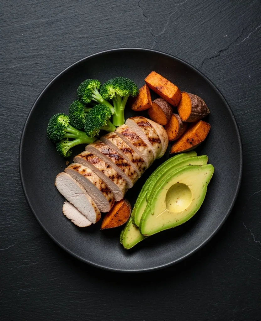 Balanced meal plate with lean protein and vegetables